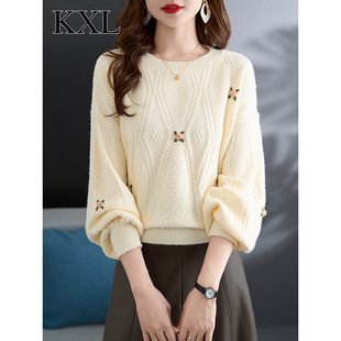 大码 女2025秋冬新款 宽松漂亮针织上衣 绣花毛衣打底衫 超好看灯笼袖