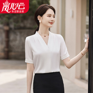 无领V领短袖女士白衬衫女2024上衣春夏轻熟薄款职场OL女装877涤纶