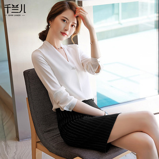 2022新款白色雪纺衬衫女仙气v领雪纺衫套头洋气超仙职业秋装上衣