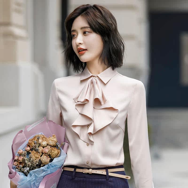 职业长袖衬衫女秋季新款时尚韩版女装上衣工作服气质领结ol正装女