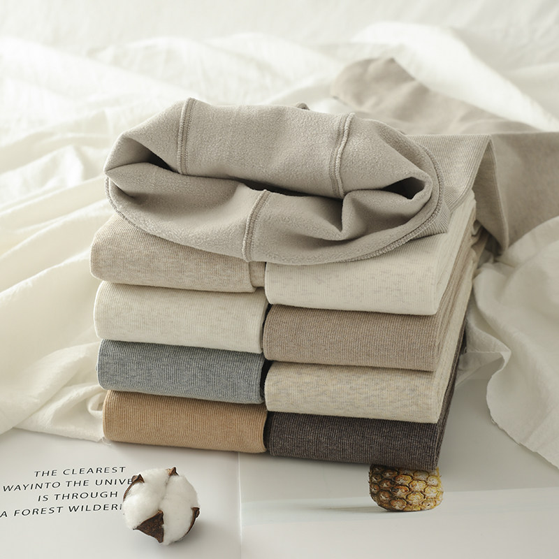 日系竖条纹打底裤女外穿薄绒秋冬棉螺纹连裤袜燕麦白中厚微压显瘦