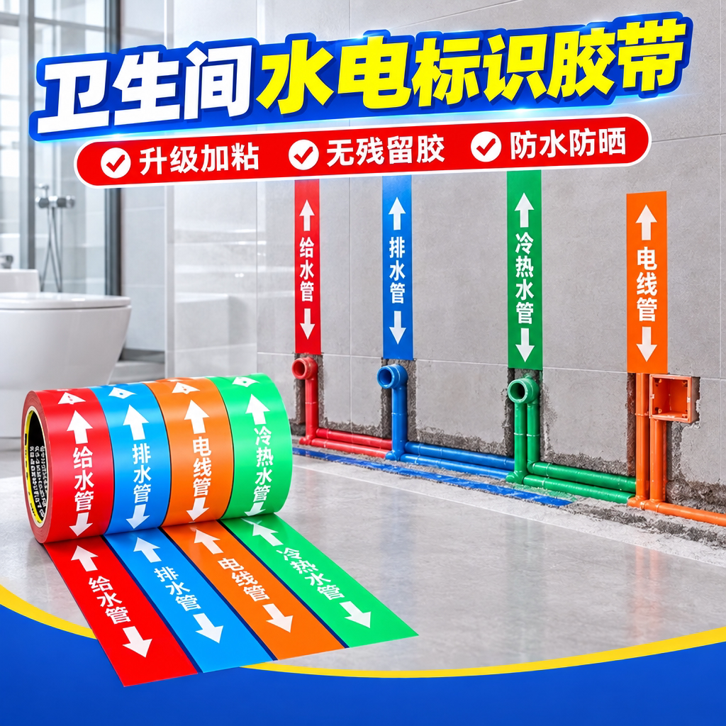 卫生间水电标识胶带卫浴水路电路定位贴防潮防水墙地砖管线标记此处有水电路毛坯装修工地管线警示无痕提示贴