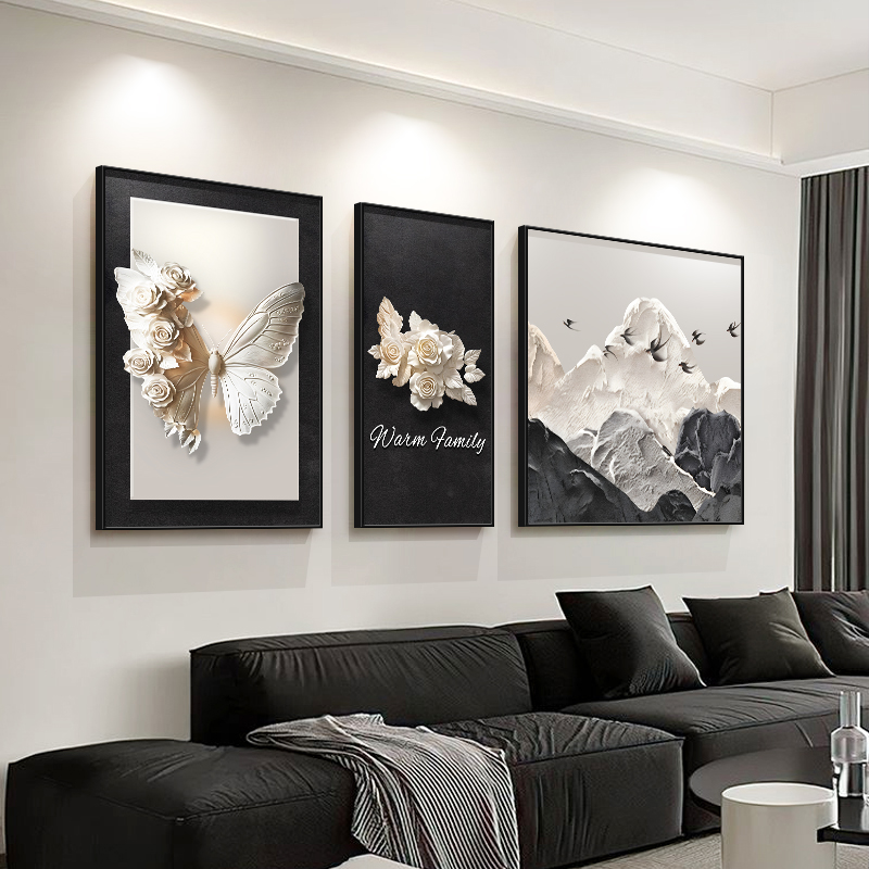 现代简约客厅装饰画轻奢高级感沙发背景墙挂画餐厅壁画蝴蝶山脉画图片