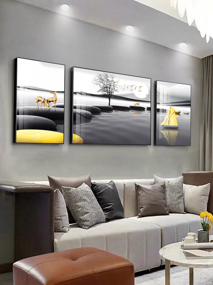 客厅装饰画沙发背景墙后面的风景画现代新中式三联挂画晶瓷壁画