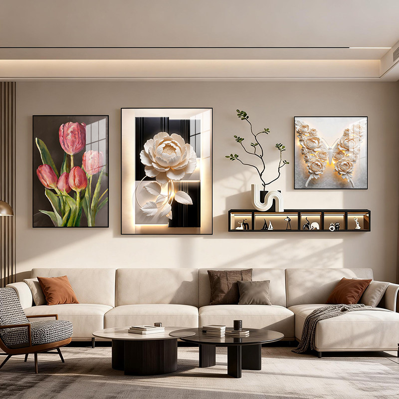 现代简约客厅装饰画花卉火红蝴蝶挂画沙发背景墙组合带置物架壁画