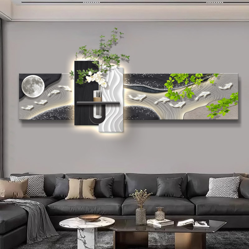 水培绿植客厅装饰画九鱼立体轻奢高级感沙发背景墙砂岩黑白灰挂画图片