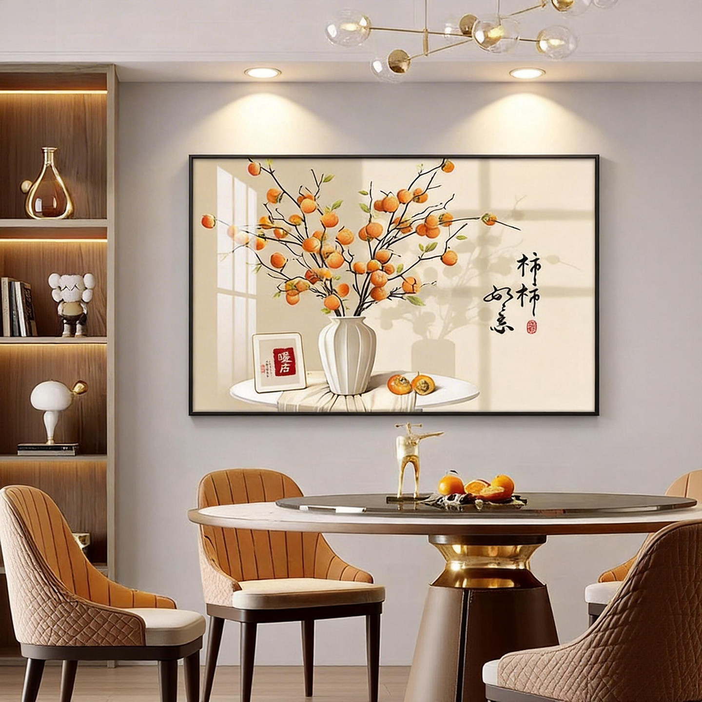 现代简约柿柿如意餐厅装饰画玄关背景墙挂画单幅横版寓意好饭店画