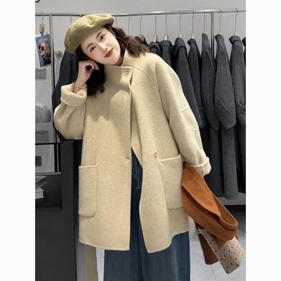 双面羊毛大衣新款秋冬韩版立领气质中长款小个子宽松羊毛外套