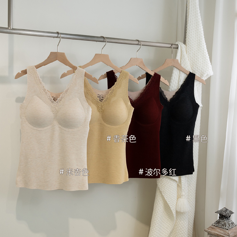 羊毛蚕丝保暖背心女V领蕾丝美背