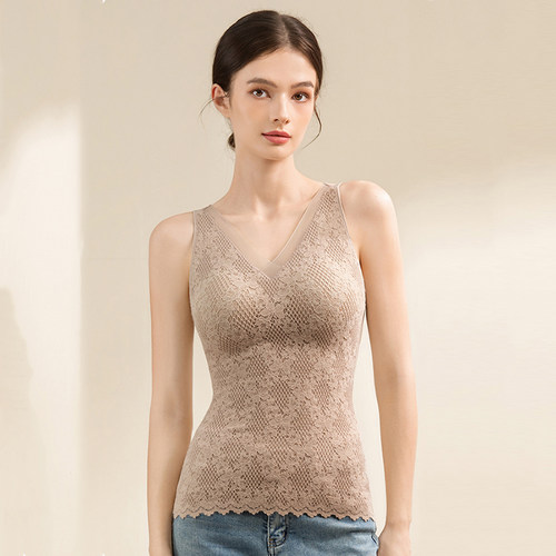 磨毛抗菌背心女秋冬V领蕾丝花边