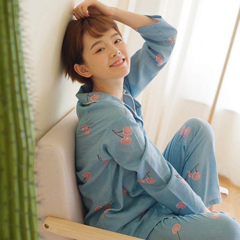 纯棉双层纱布女士长袖睡衣文艺风