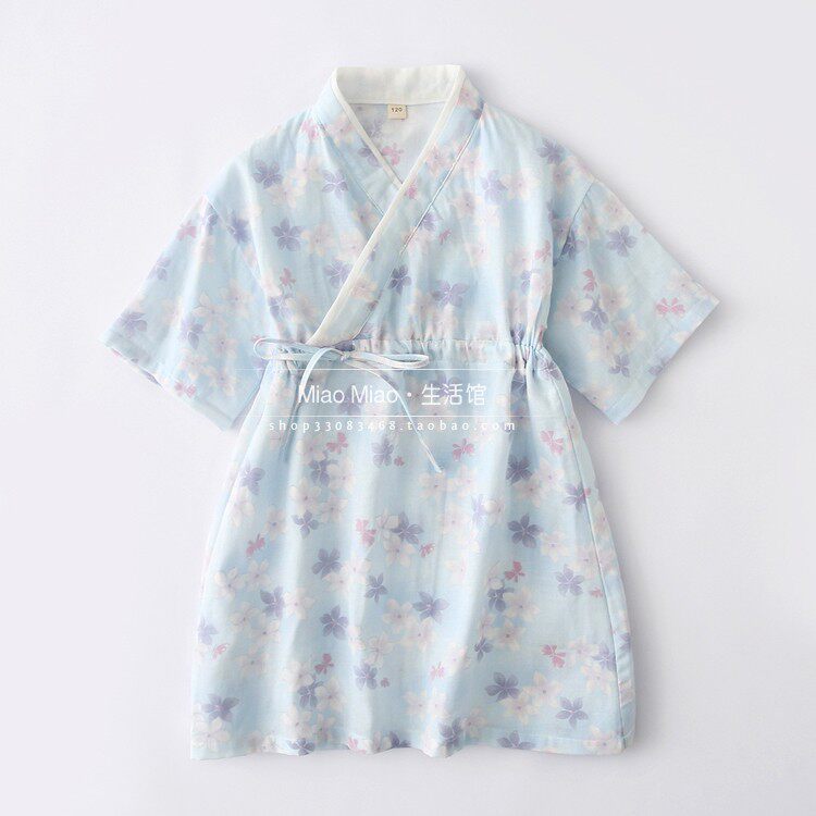 Z春夏女童短袖袖纱布和服睡裙纯棉儿童中国风汉服睡衣和风樱花