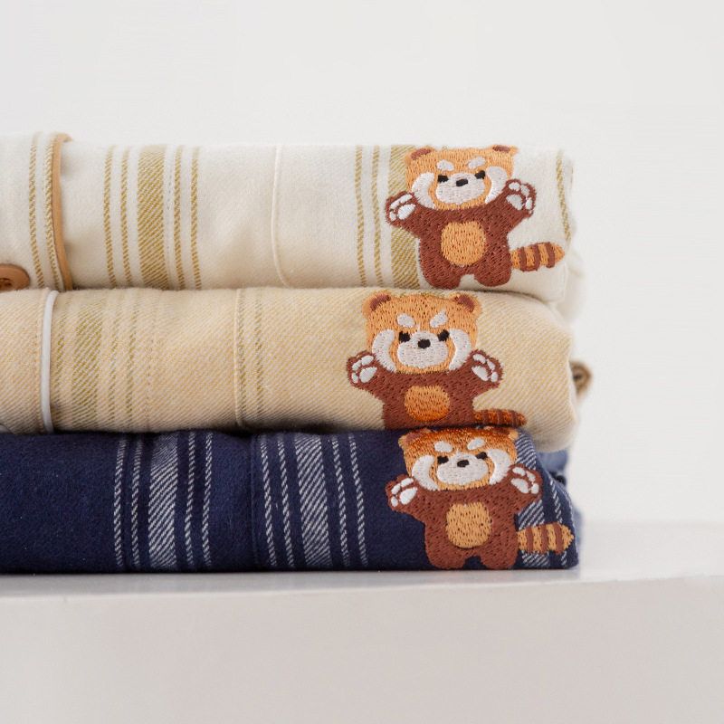 NWZ 纯棉磨毛法兰绒| 条纹小熊猫秋冬情侣长袖睡衣男女春秋家居服