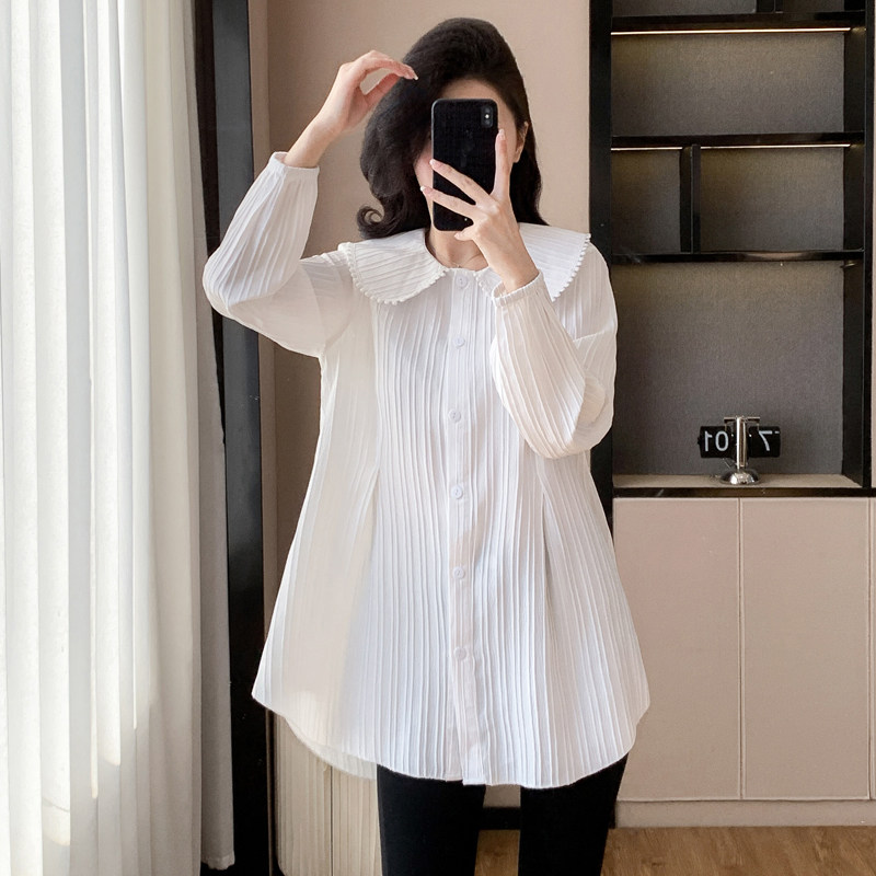中长款女装法式甜美风娃娃领长袖衬衫女白色宽松减龄褶皱女上衣