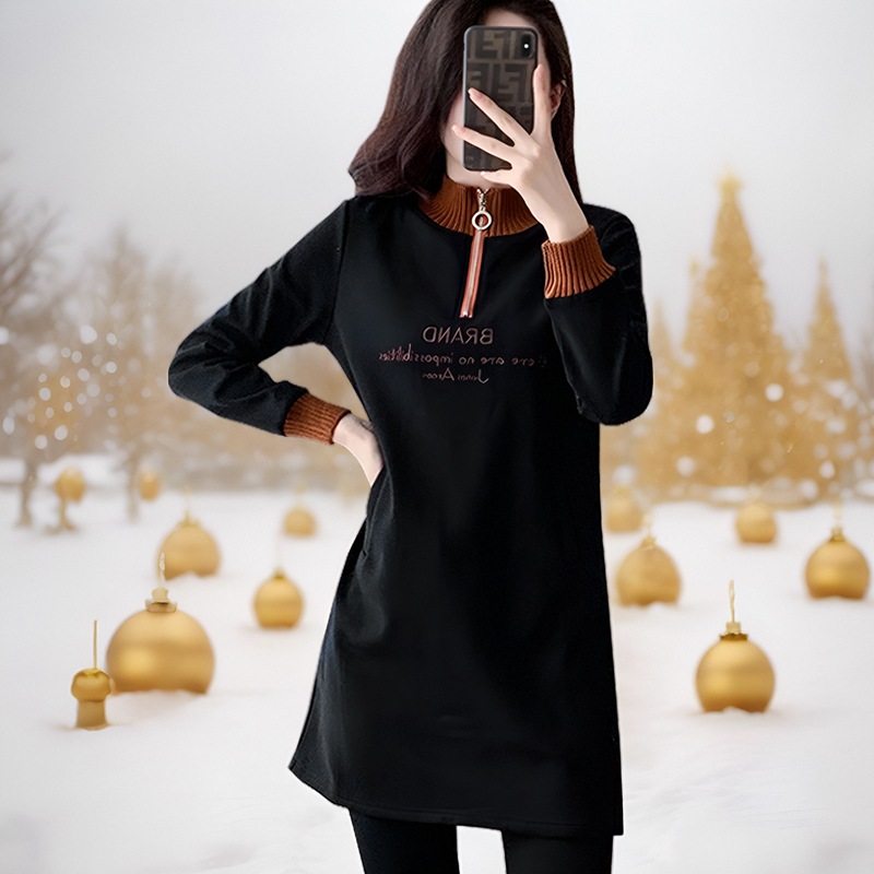 黑色加绒加厚长款卫衣女