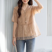 V领雪纺衫 胖mm宽松显瘦遮肚薄款 女2025新款 法式 夏季 大码 短袖 上衣