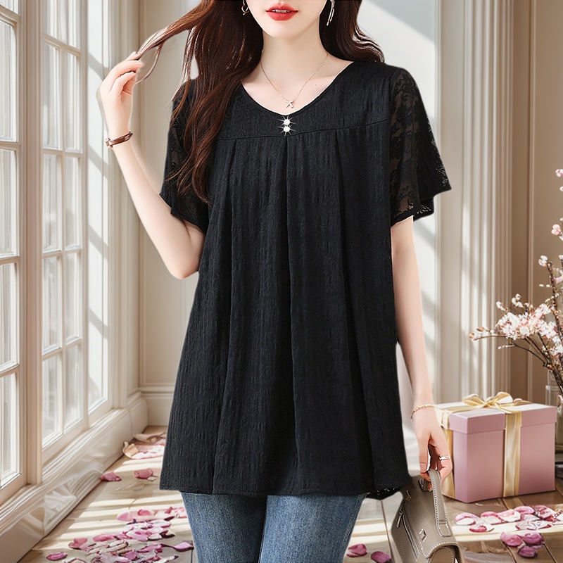 中长款短袖蕾丝衫女夏季新款宽松气质妈妈小衫大码遮肚子女上衣