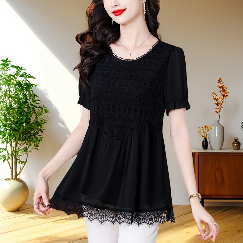 短袖t恤女高级感雪纺衫中长款女上衣显瘦遮肉蕾丝拼接宽松设计感