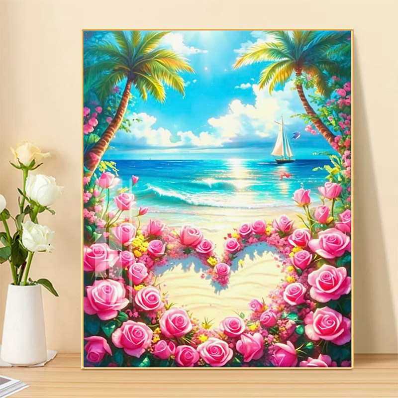 新款十字绣海景玫瑰花椰子树钻石画客厅卧室手工DIY装饰画自己绣