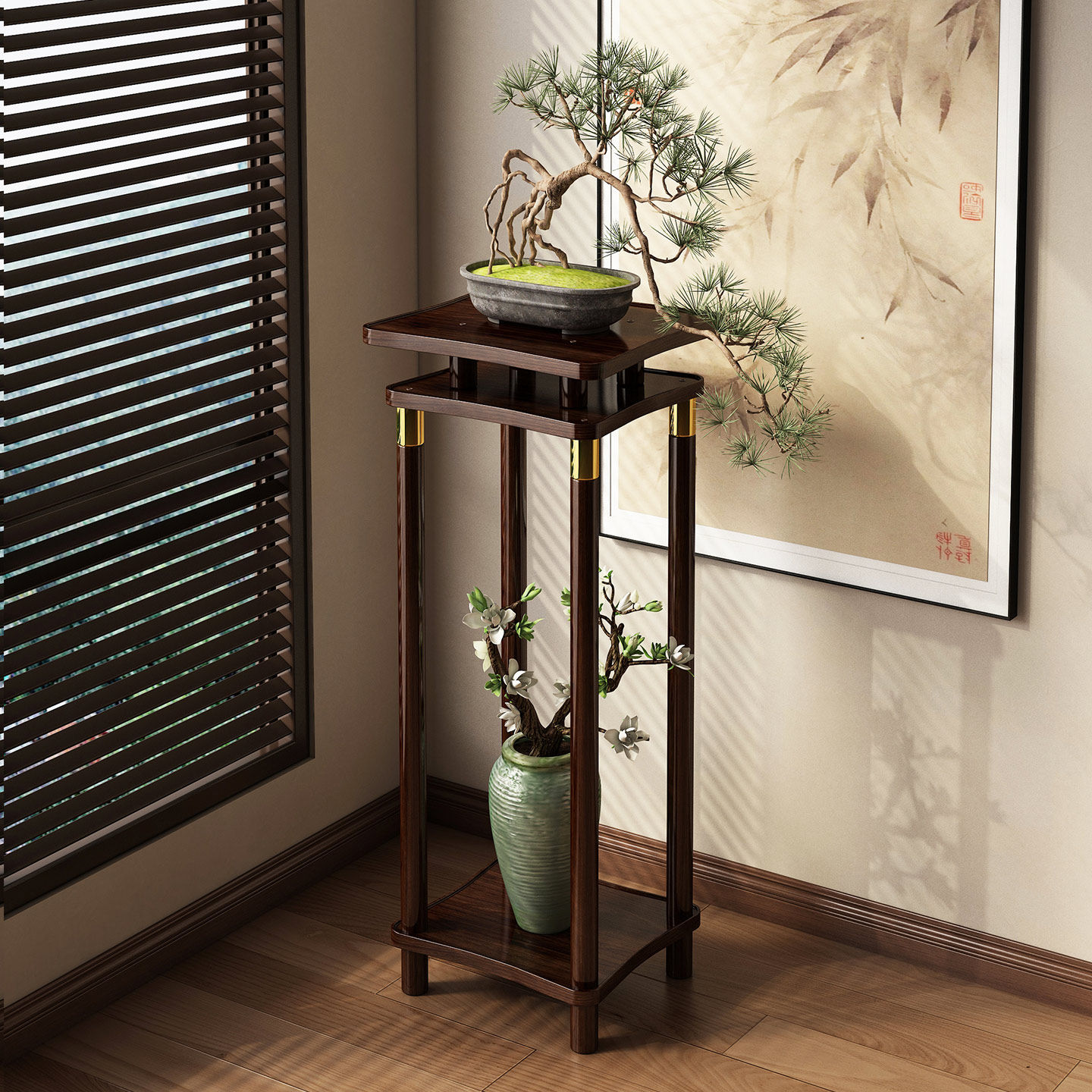 新中式博古架实木花盆展示架花瓶摆放架子花架置物架摆件