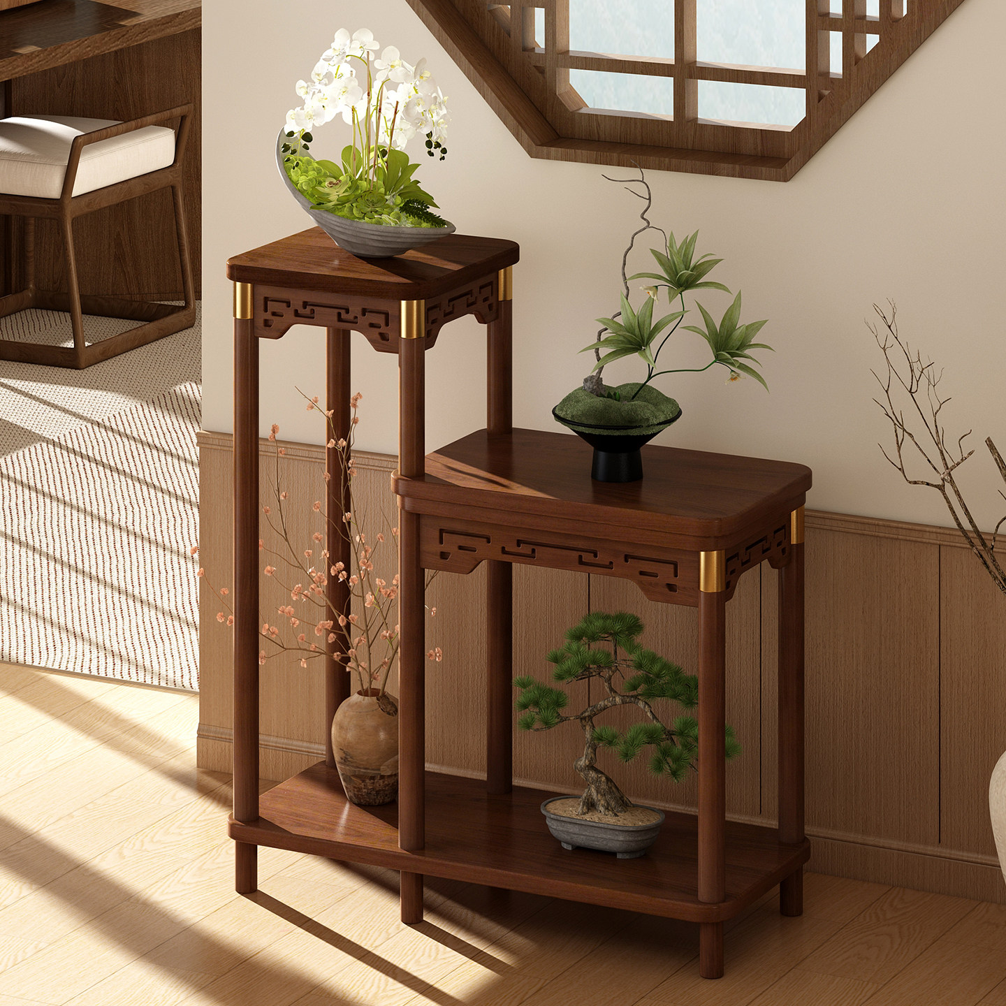 实木花架阳台花盆置物架客厅中式多层植物盆景摆放展示架2026新款