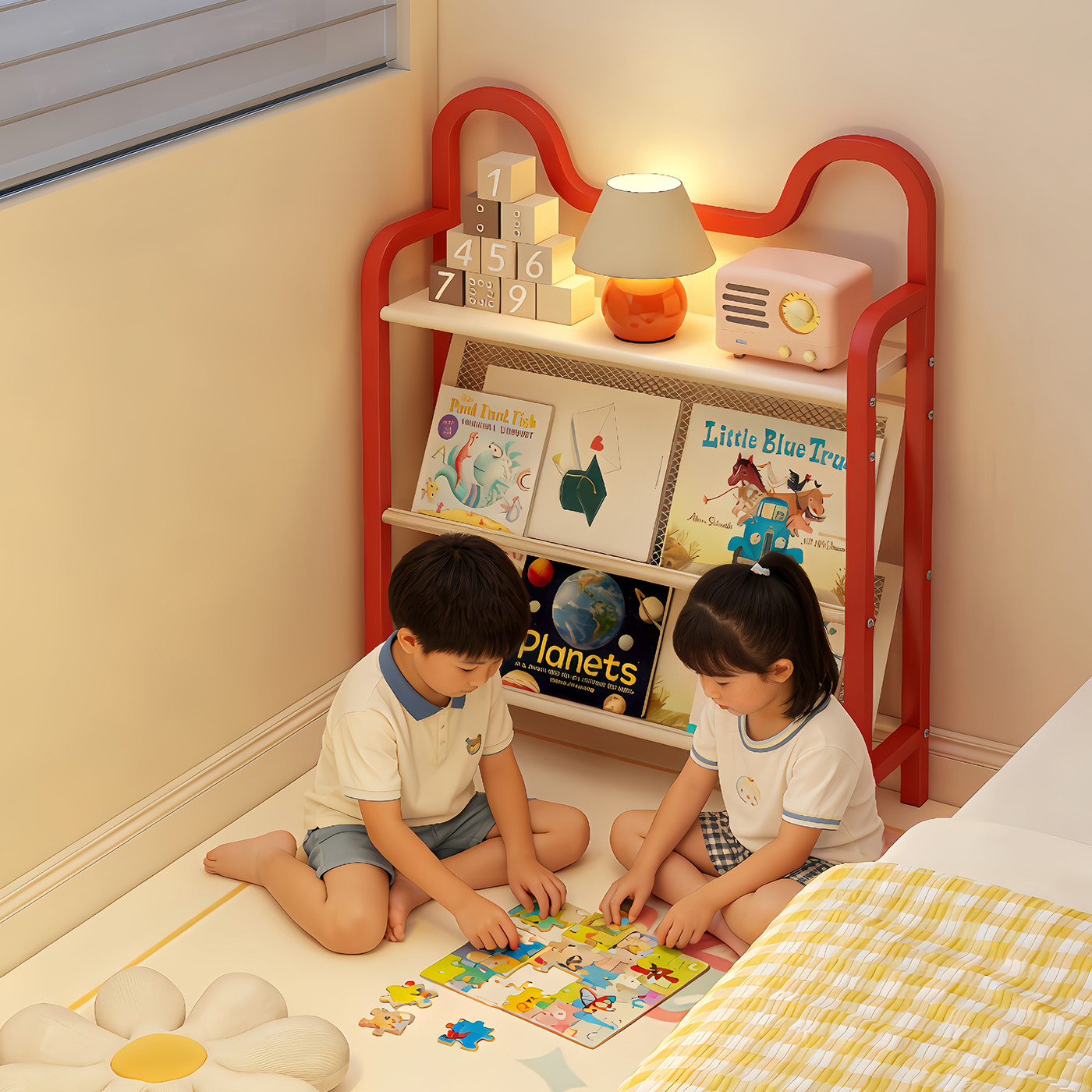 儿童书架家用多层绘本架卧室床头柜子收纳柜一体靠墙落地置物架子