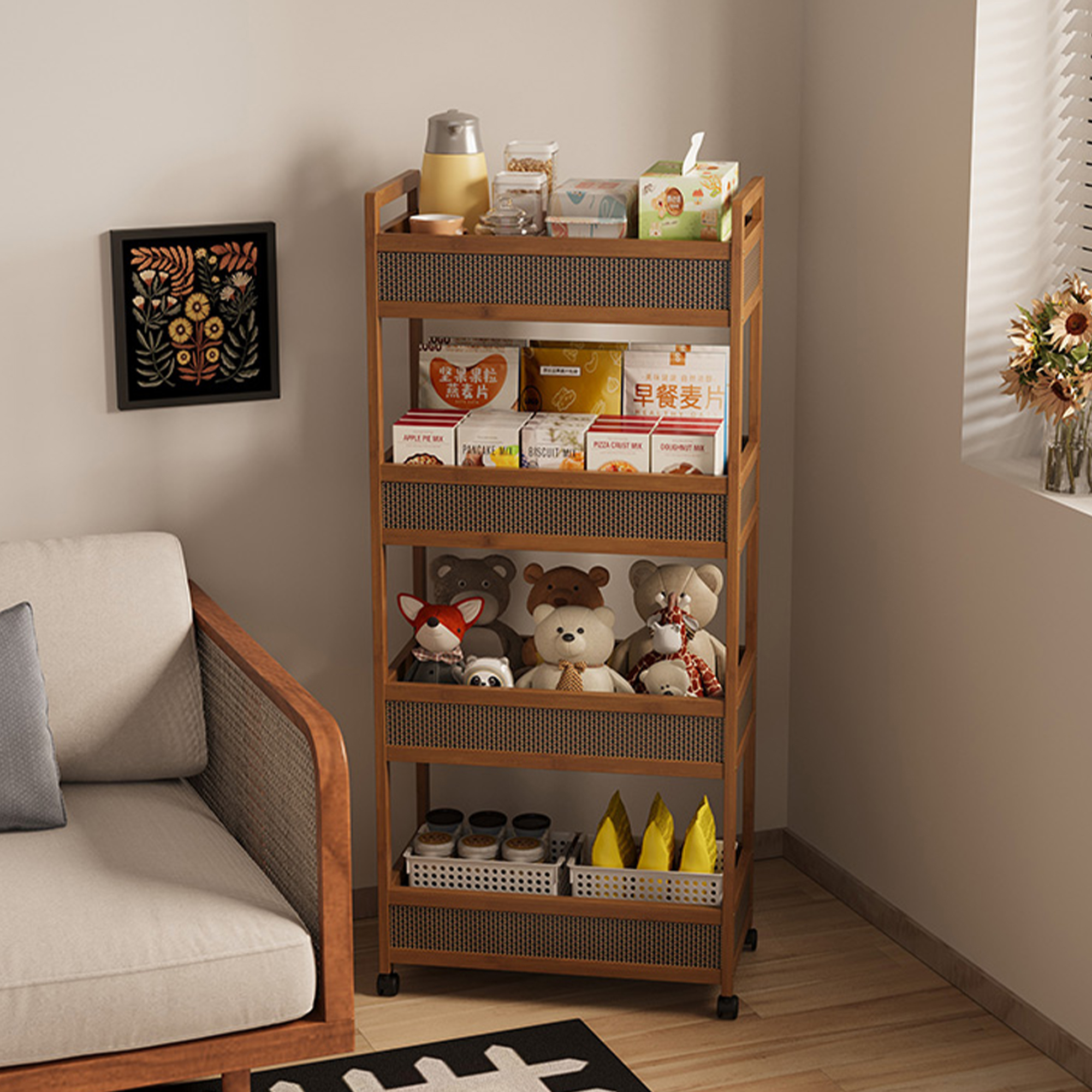 零食小推车置物架一体复古中式带轮客厅家用多功能沙发边几可移动