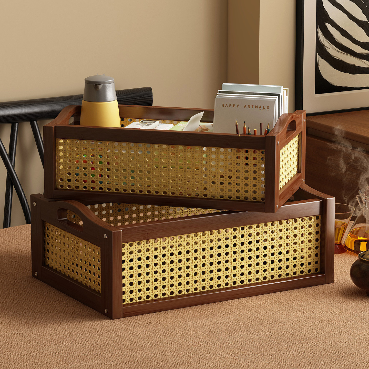 复古藤编收纳筐家用桌面零食储物盒玩具杂物整理无盖化妆品收纳盒,收纳整理,桌面收纳盒,淘宝优惠券,粉丝福利购,淘宝优惠卷