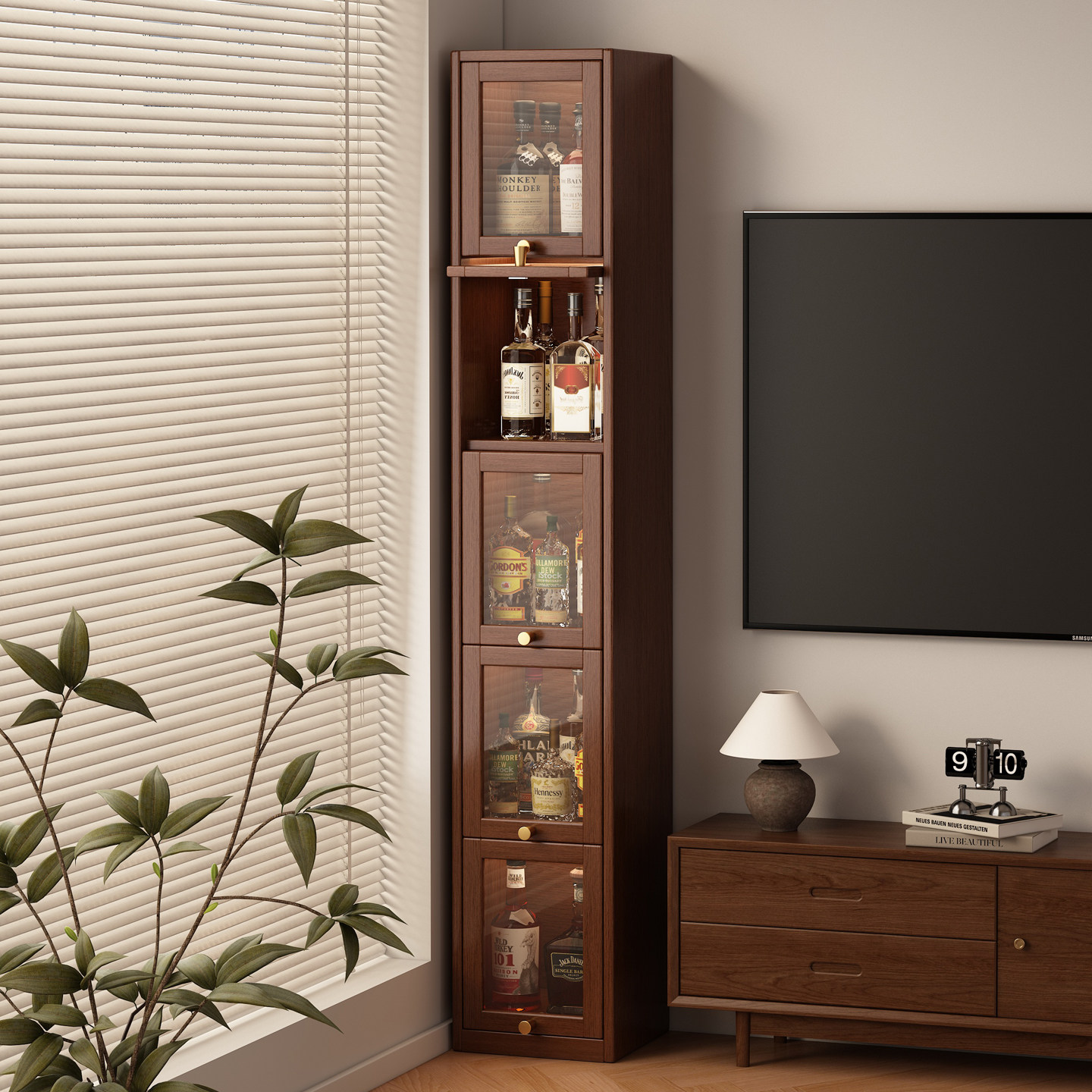 实木酒柜客厅转角柜靠墙拐角窄柜25CM墙角置物架红酒杯收纳展示柜