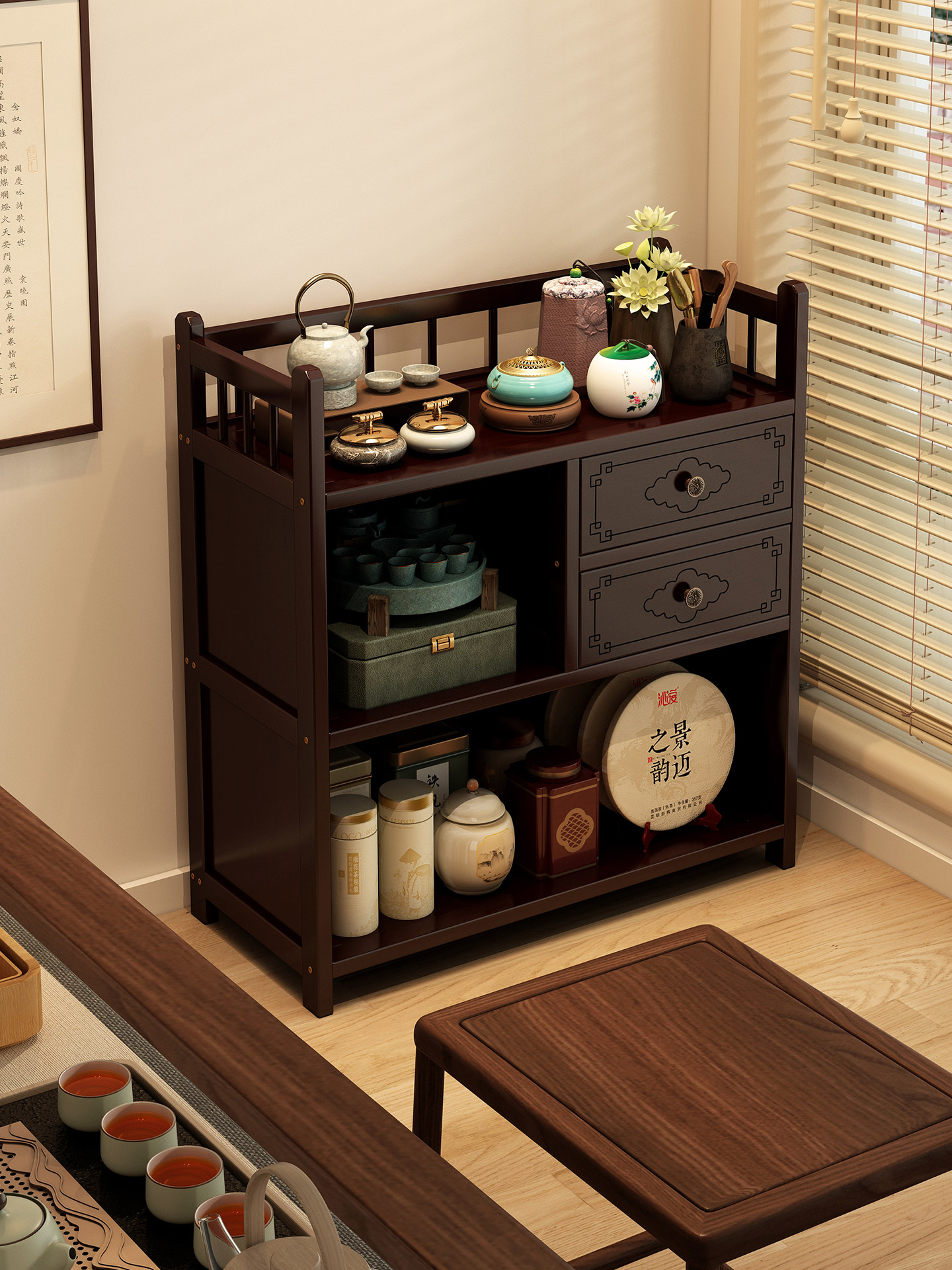 新中式茶室博古架茶柜置物架茶桌边小型茶叶架多宝阁茶壶茶具架子