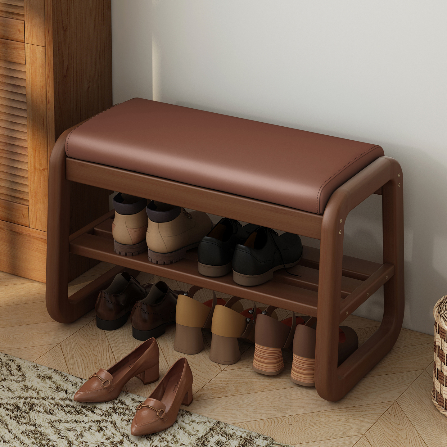 全实木储物换鞋凳鞋架，一凳多用