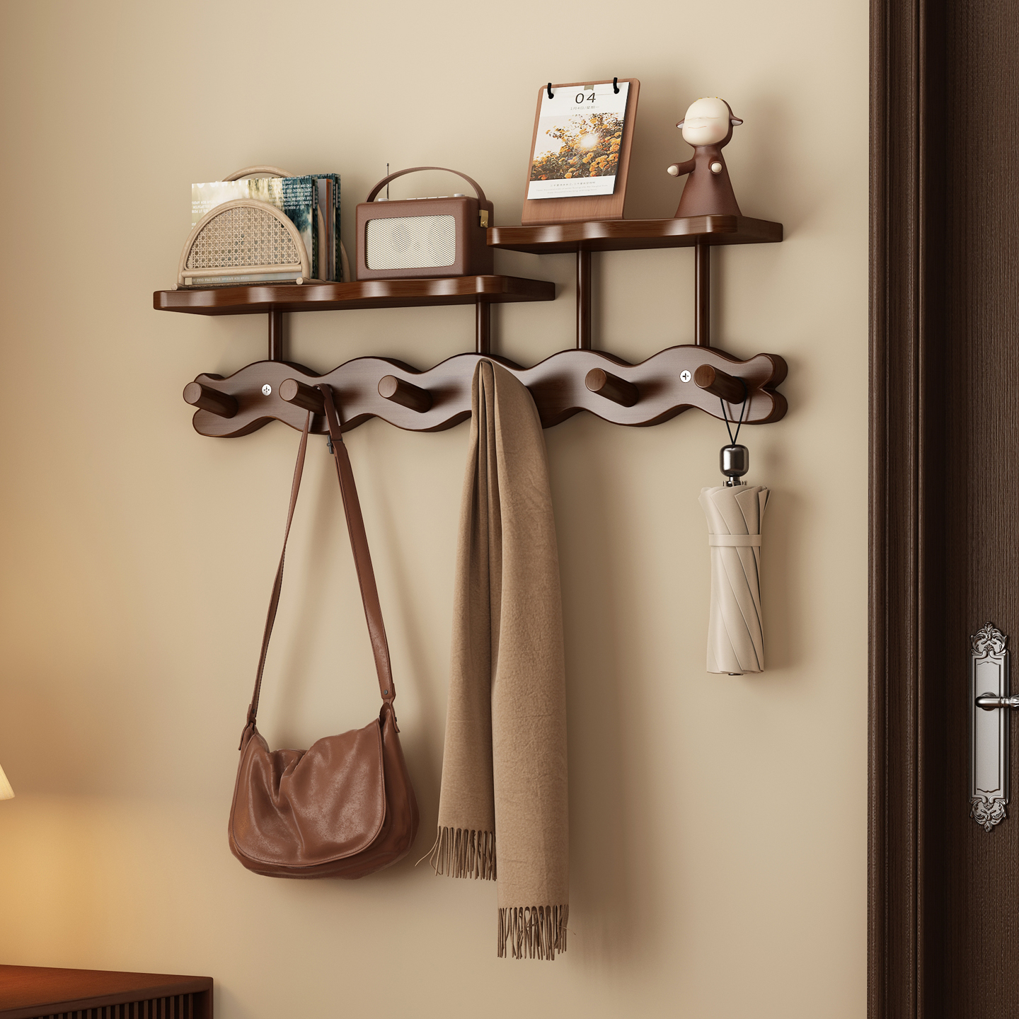 墙上实木衣帽架玄关置物架