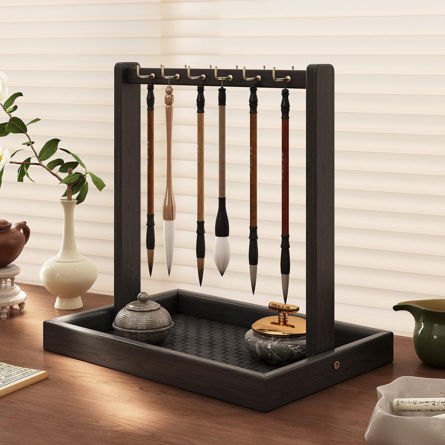 实木毛笔收纳架桌面置物架文房四宝挂架书桌上笔架笔挂书法国画用,收纳整理,整理架/置物架/收纳架,淘宝优惠券,粉丝福利购,淘宝优惠卷