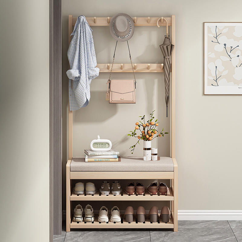 姿竹实木三用鞋架衣帽架一体鞋凳