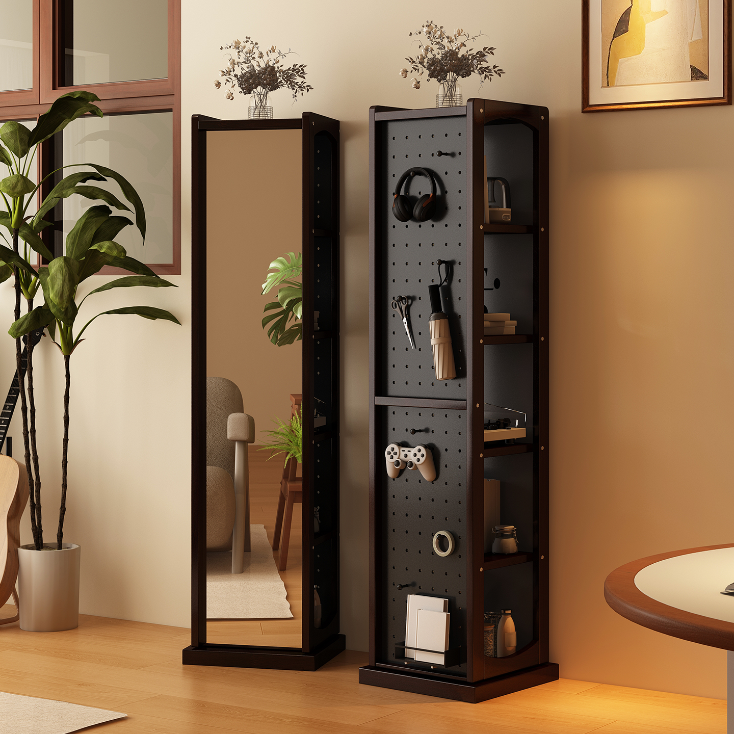 置地旋转可移动穿衣镜洞洞板一体