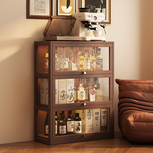 实木酒柜透明展示柜复古风餐边柜家用客厅陈列边柜一体靠墙储物柜