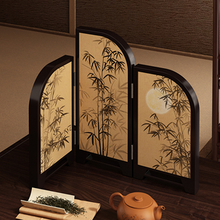 中古风墨竹小屏风茶台茶室桌面隔断摆件新中式装饰拍摄氛围感道具
