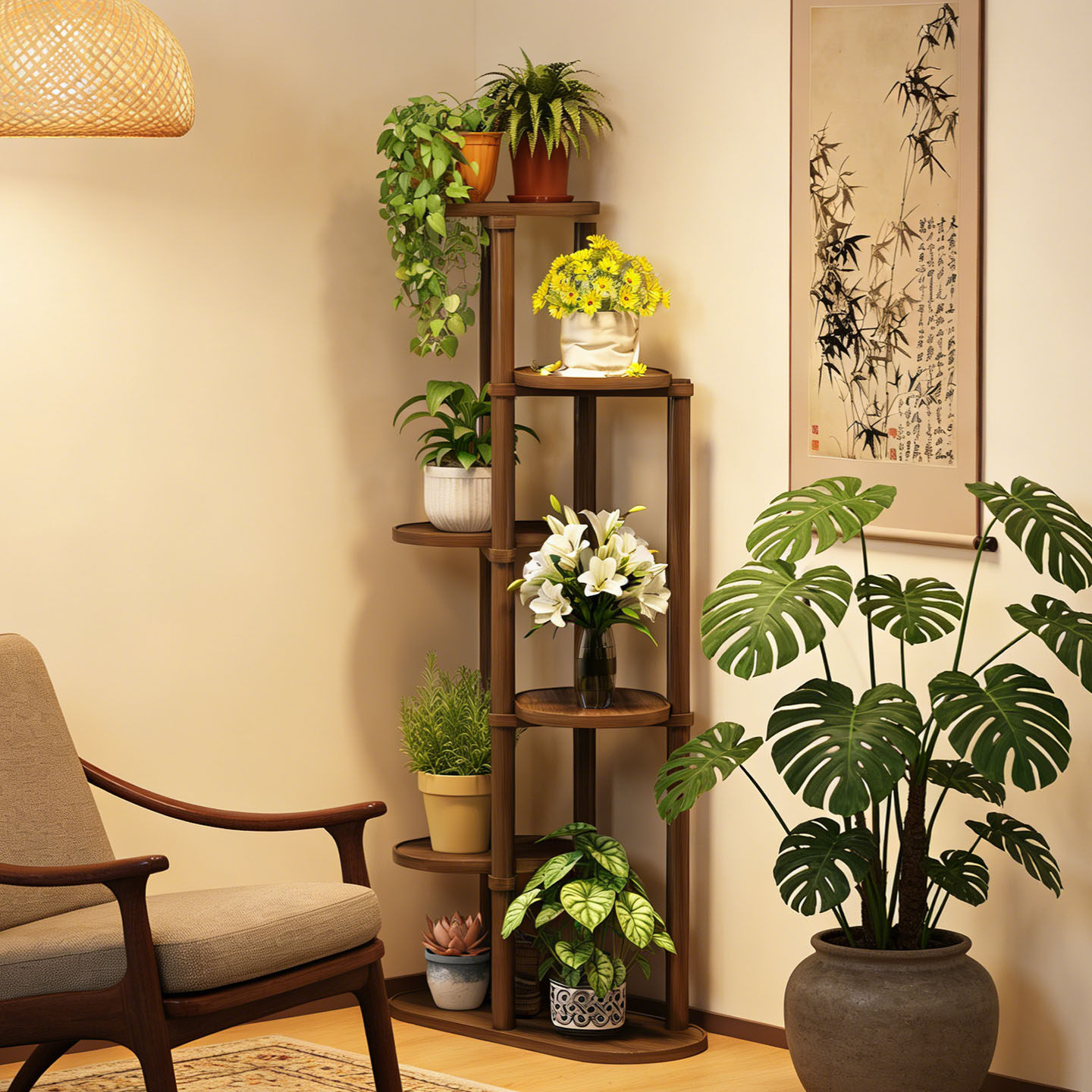 绿植盆栽室内多层收纳架置物架阳台落地花架可旋转实木花几展示架
