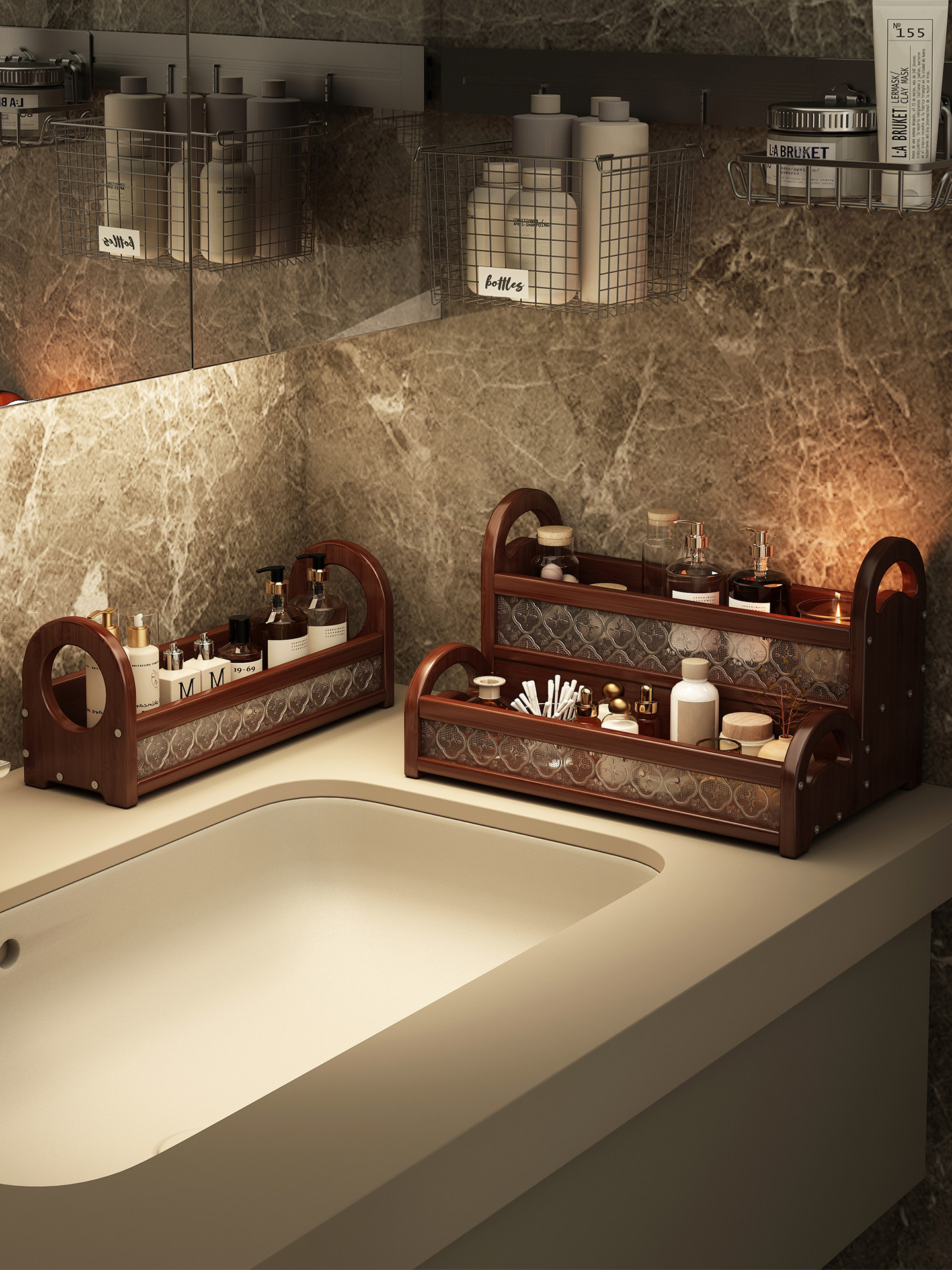 卫生间洗漱台化妆品置物架梳妆台桌面小杂物护肤品粉扑分格收纳盒