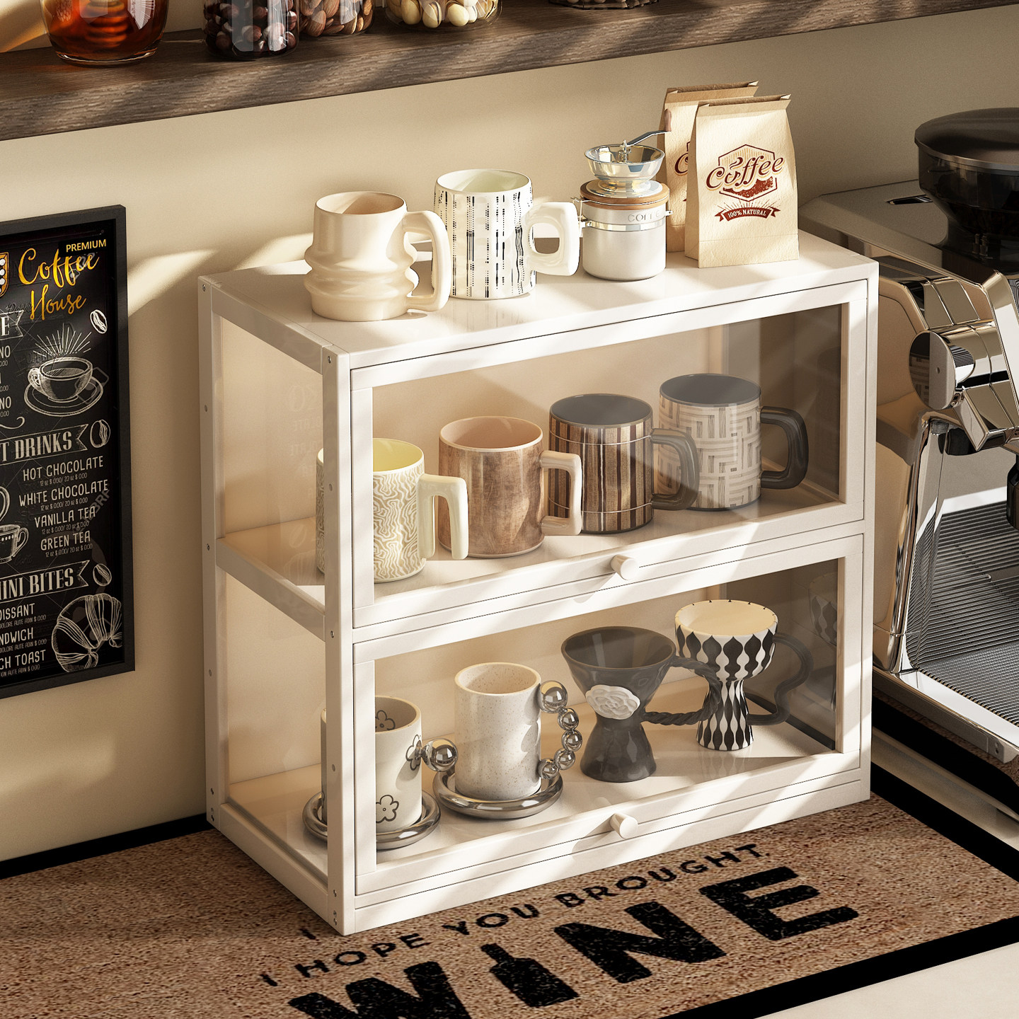 杯子展示柜桌面杯架置物架一体奶油风亚克力透明咖啡杯收纳陈列柜