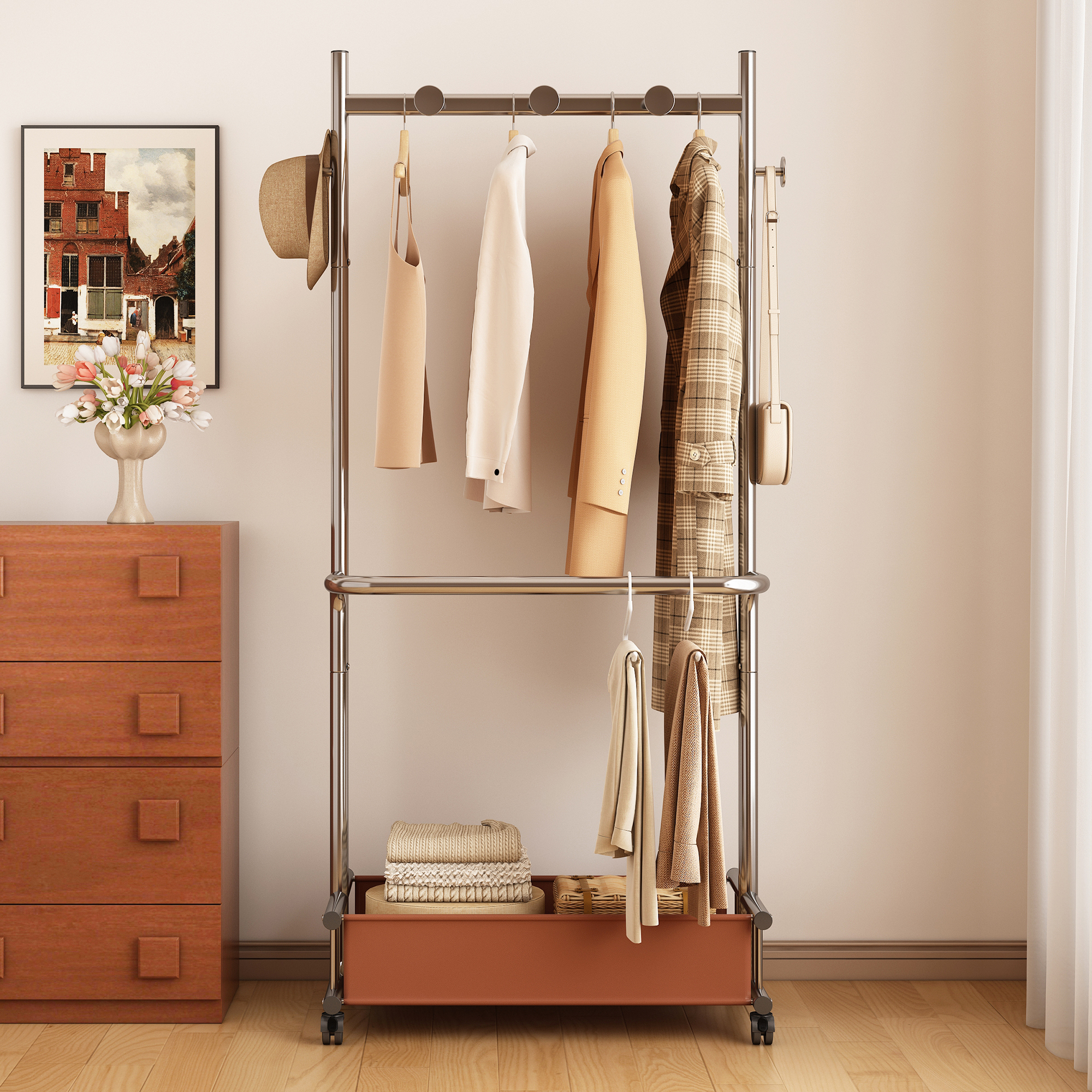 可移动金属衣帽架多功能收纳