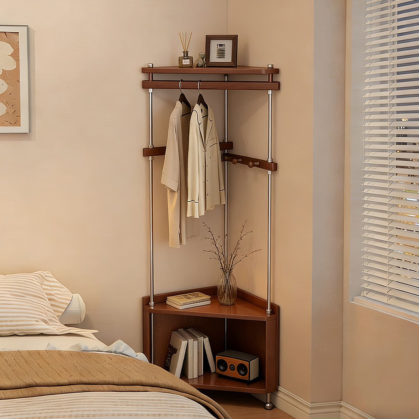 实木衣帽架落地卧室转角衣服置物架床头柜挂衣架一体2026新款包架