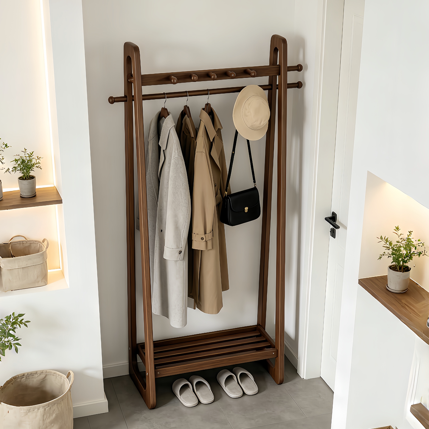 实木落地衣帽架入户门衣服收纳架图片