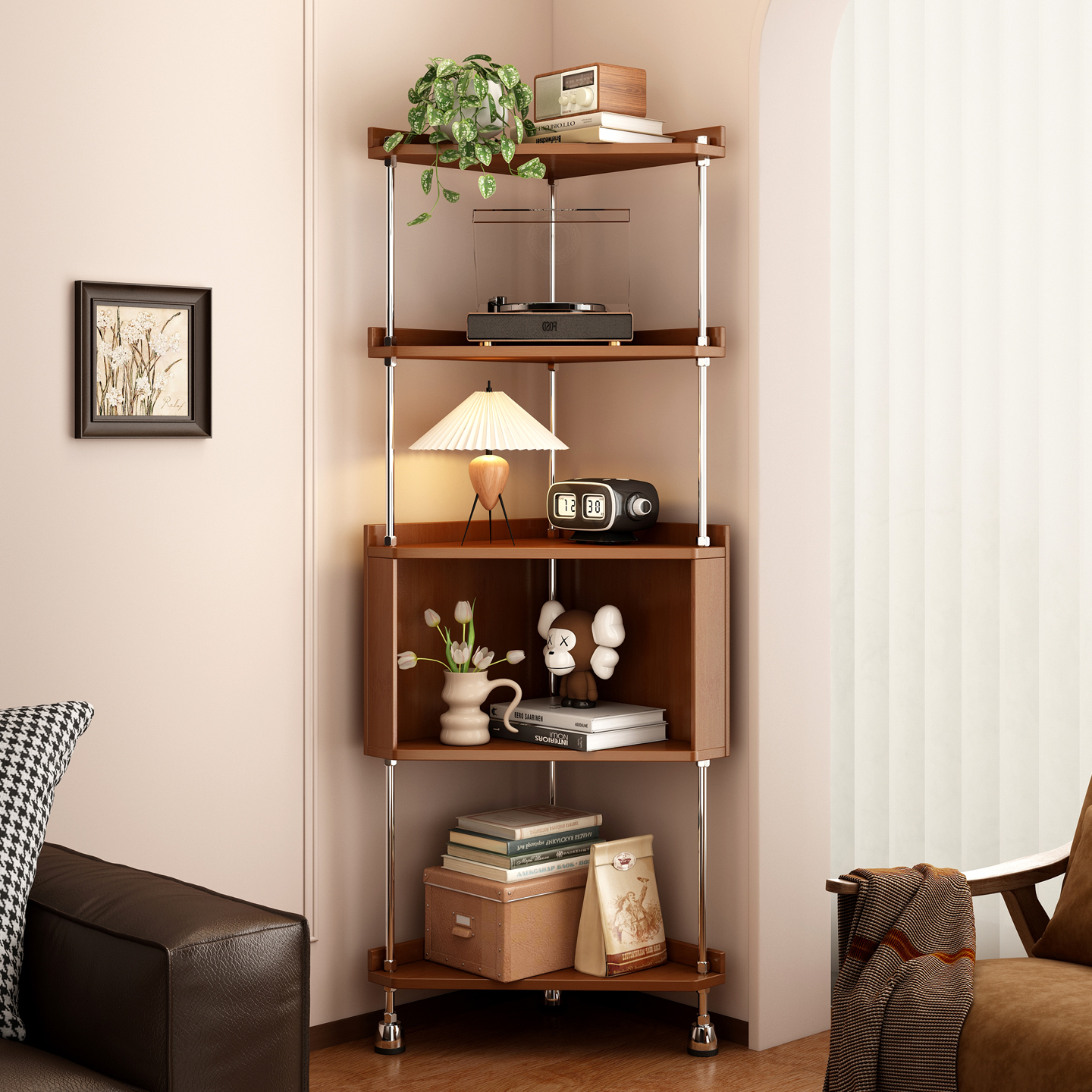 中古风实木转角置物架