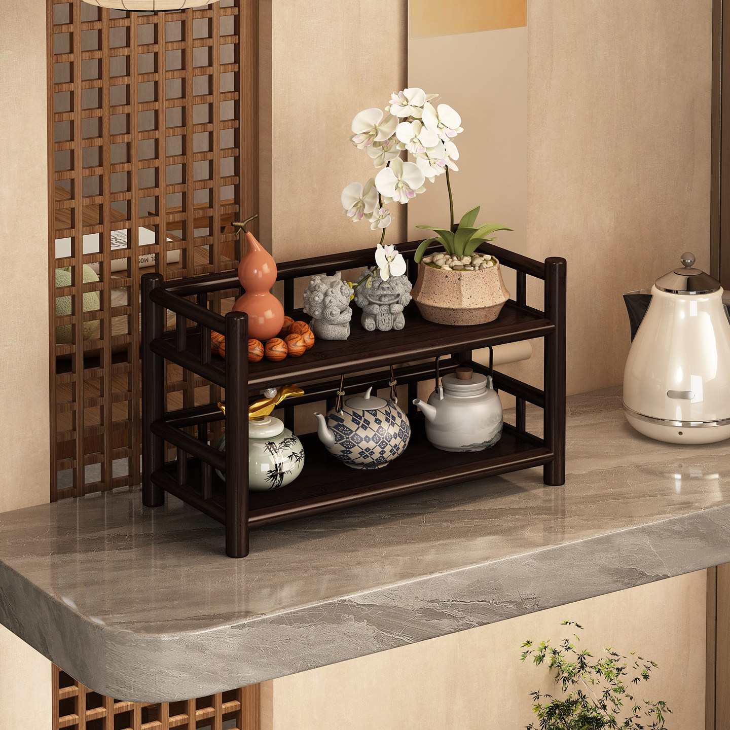 复古中式茶具展示架茶室桌面杯架多宝阁博古架收纳简约茶杯置物架