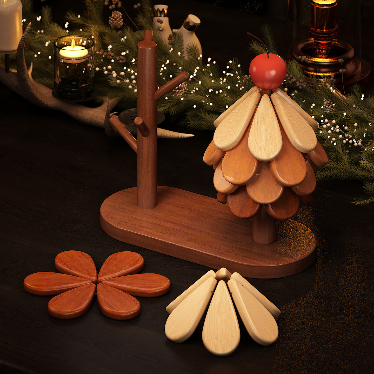 天然实木材质咖啡杯挂架餐垫组合