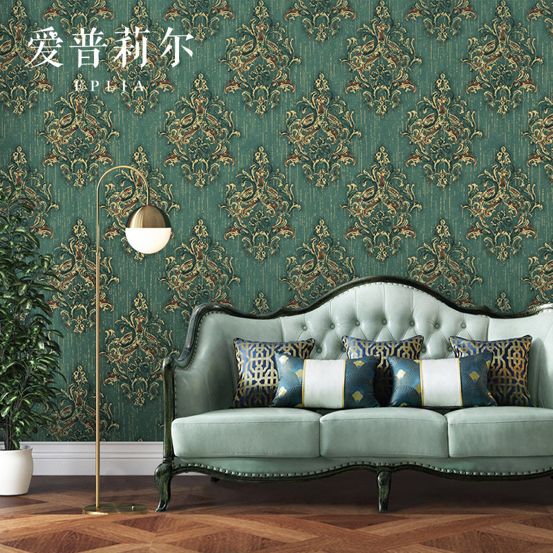 欧式大马士革无纺布大花烫金墙纸奢华卧室客厅背景墙壁纸红色绿色