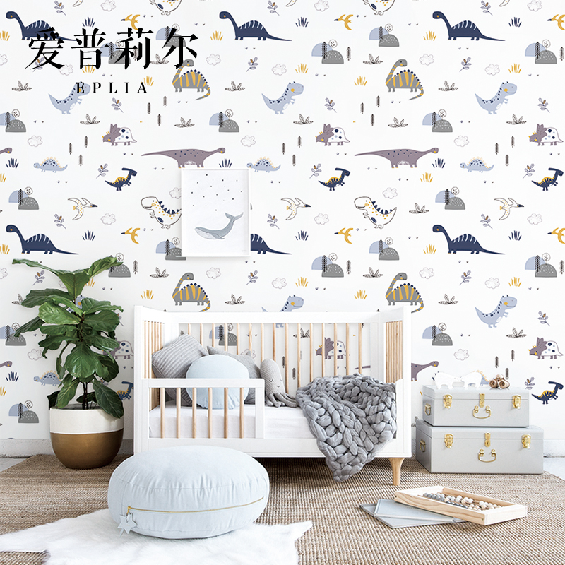 儿童房墙纸女孩卧室男孩房间可爱卡通恐龙侏罗纪无纺布壁纸背景墙