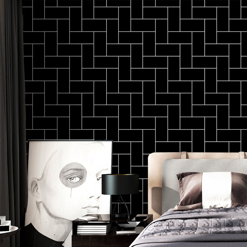 北欧网红黑色格子墙纸卧室  客厅背景墙壁纸非自粘奶茶店店铺装修