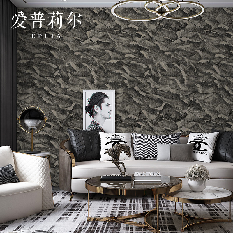 北欧抽象素描手绘灰色波浪海浪乌云壁纸新中式卧室客厅背景墙墙纸